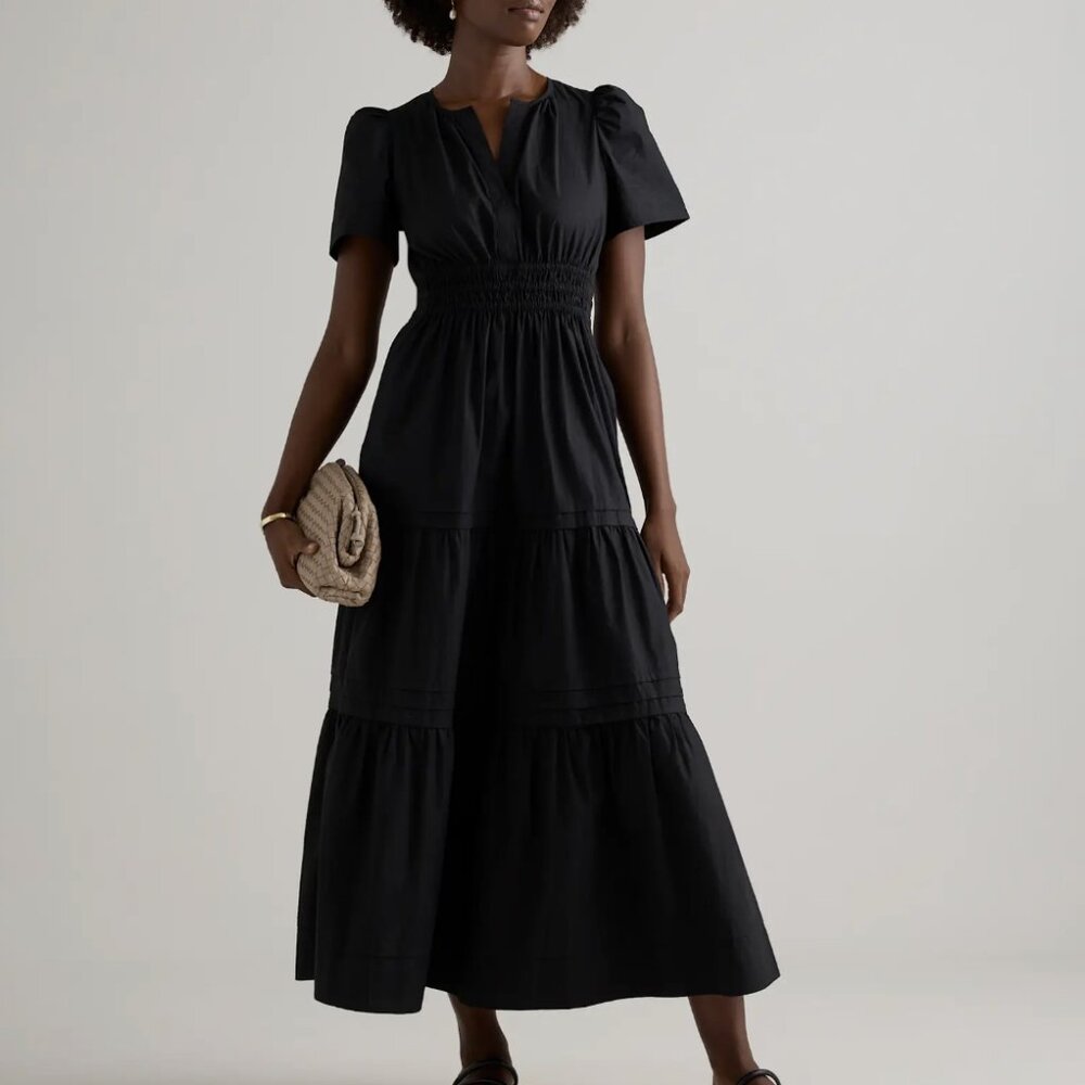 Quince 100% Organic Cotton Poplin Tiered Maxi Dress | Black | Size S